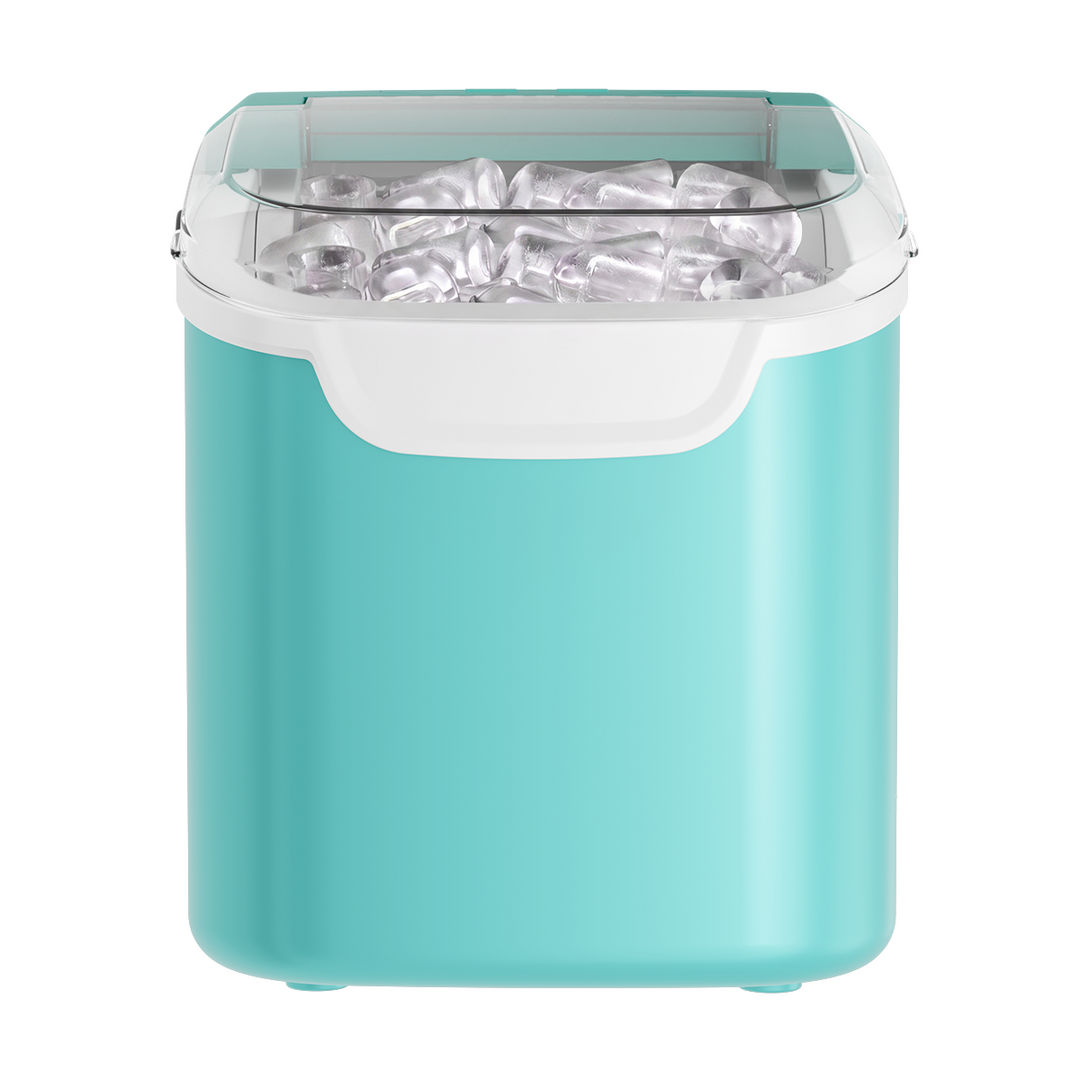 A mint green countertop ice maker container filled with clear ice, featuring a white handle and a clear lid, shown on a solid white background.