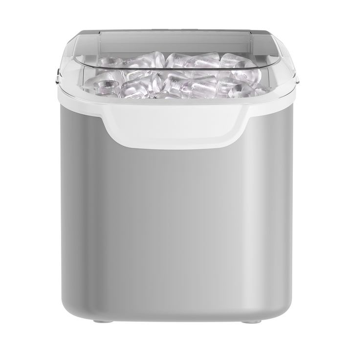 A silver and white countertop ice maker container filled with clear ice cubes, shown on a plain white background.