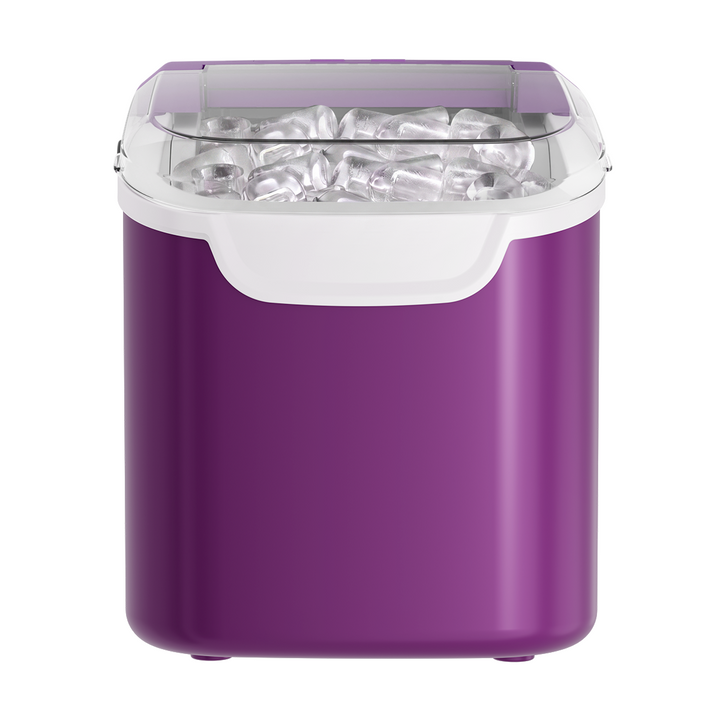 A purple and white portable ice maker container filled with clear ice cubes, shown against a plain white background.