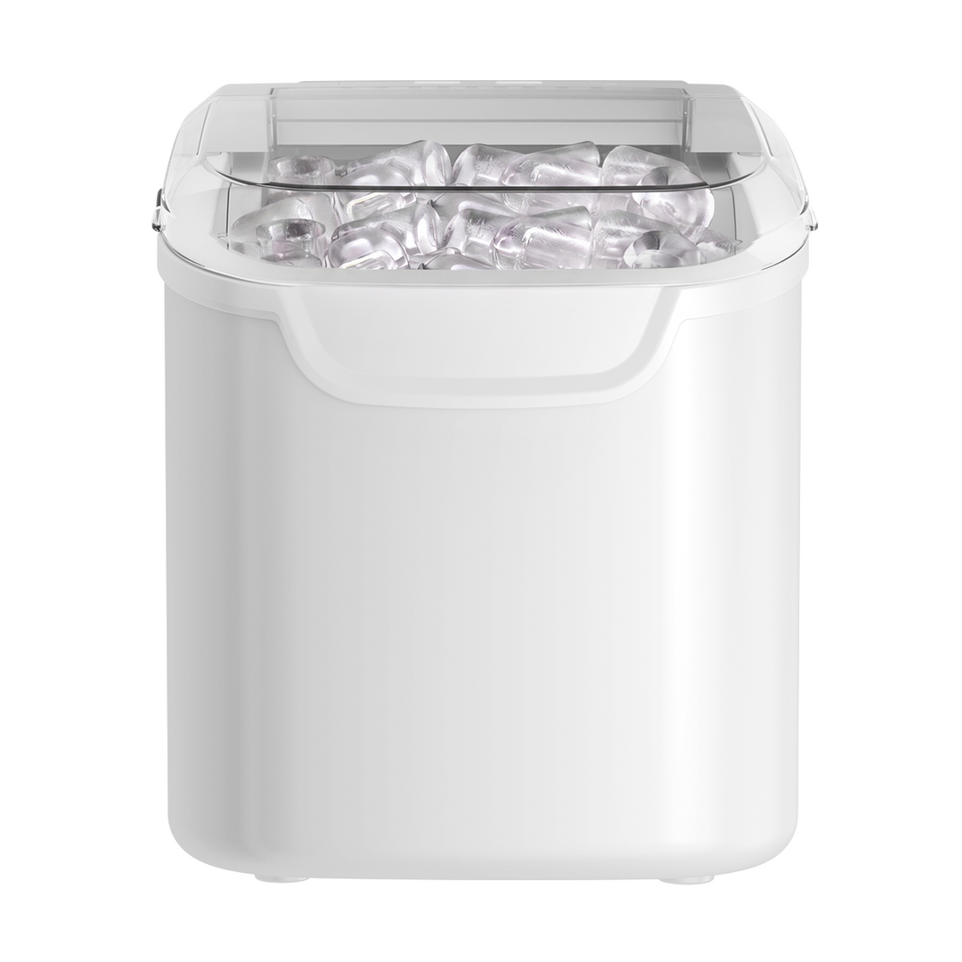 A white countertop ice maker container with a clear plastic lid and visible ice cubes inside, shown on a plain white background.