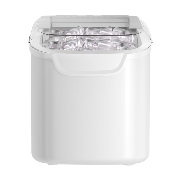 A white countertop ice maker container with a clear plastic lid and visible ice cubes inside, shown on a plain white background.