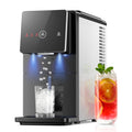 A modern black and stainless steel ice dispenser machine shown with a glass of iced orange drink and ice cubes falling into a clear glass on a white background.