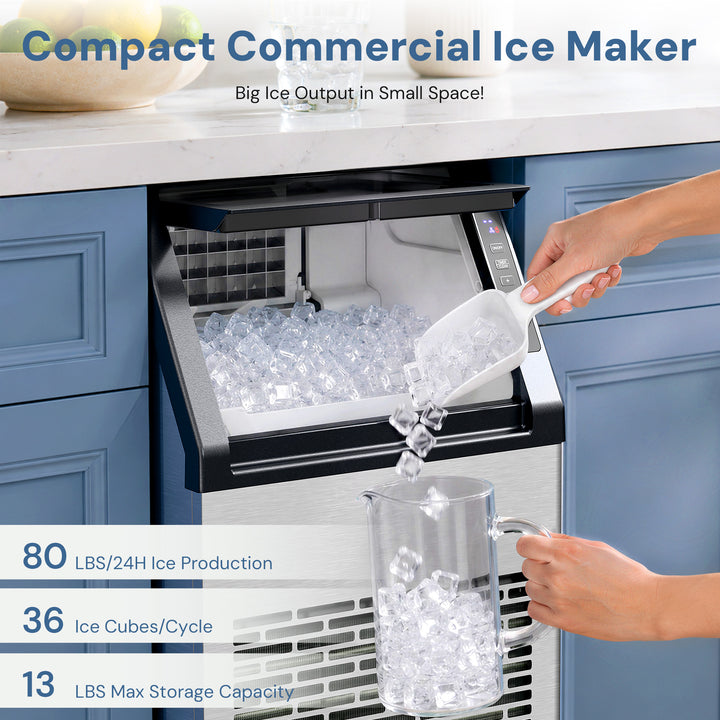 Compact commercial ice maker in a kitchen setting, with a person pouring ice from the dispenser into a clear pitcher. Blue cabinetry, a white countertop, and large text listing ice production and storage capacity are visible.