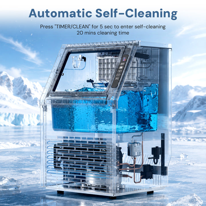 An automatic self-cleaning ice machine shown in a transparent view against a snowy mountain and icy water background. Text at the top reads 'Automatic Self-Cleaning' with instructions below.