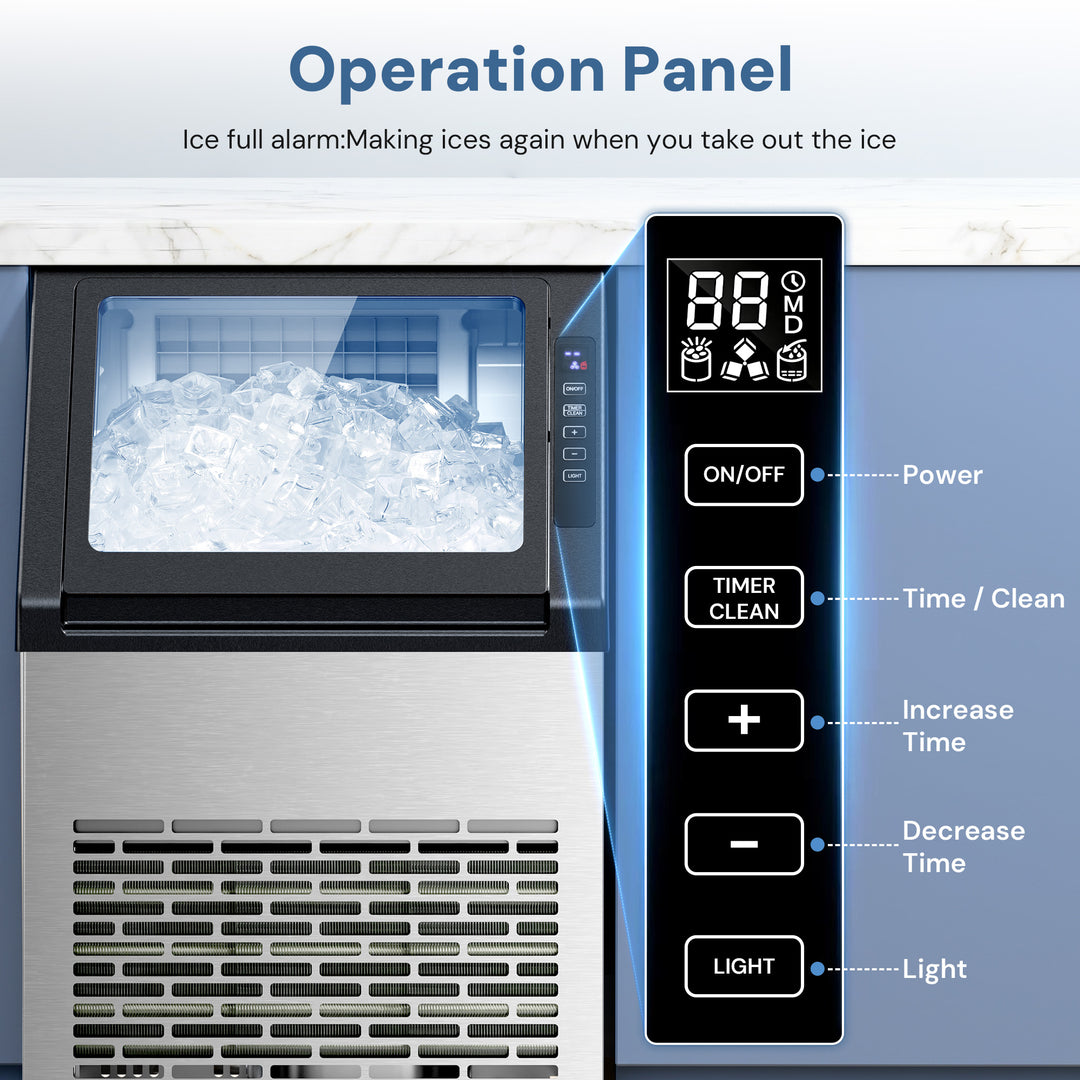 Operation panel diagram for a countertop ice machine, showing a close-up of the control display and labeled buttons for power, timer/clean, increase/decrease time, and light, with text explaining the ice full alarm feature.