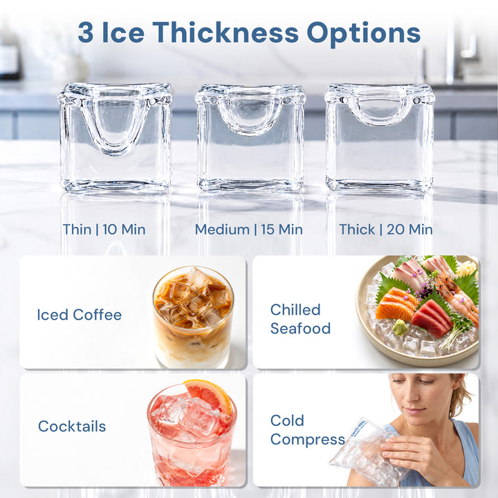A product comparison graphic showing three clear square ice molds labeled Thin | 10 Min, Medium | 15 Min, and Thick | 20 Min, with usage examples below including iced coffee, chilled seafood, cocktails, and cold compress.