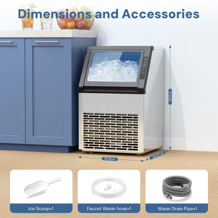 A stainless steel ice maker shown in a kitchen-like setting with cabinets, labeled with dimensions. The image includes text reading 'Dimensions and Accessories' and three accessory callouts at the bottom: an ice scoop, a faucet water hose, and a water drain pipe.