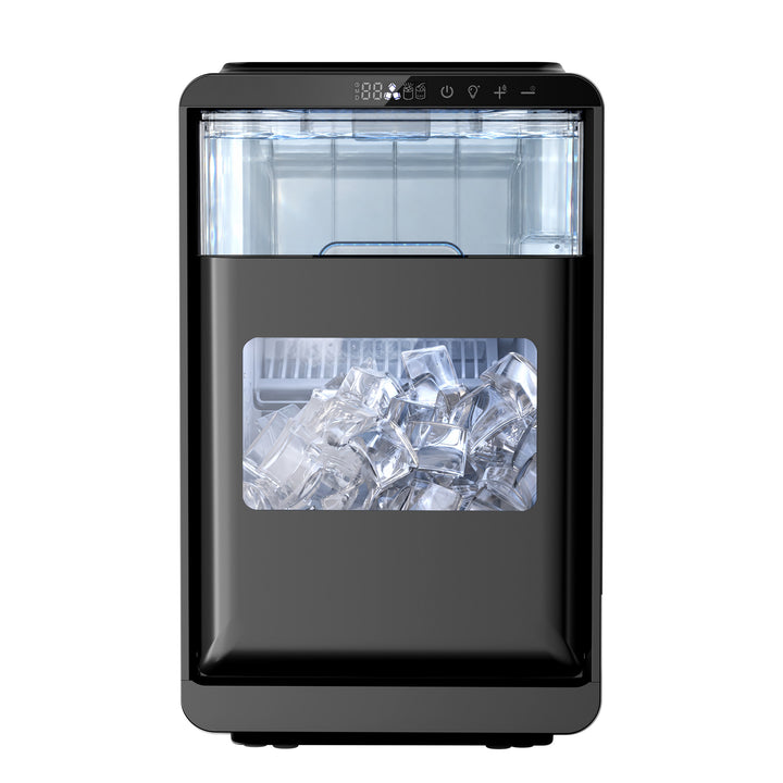 A black countertop ice maker machine with a clear window showing ice cubes inside, photographed against a plain white background.