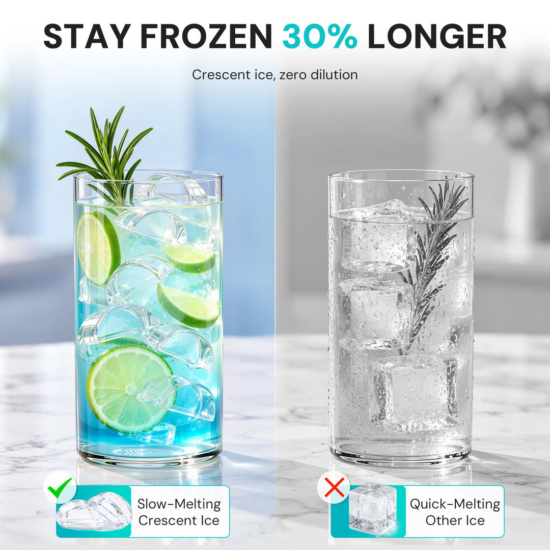 A promotional comparison graphic showing two tall glasses of ice on a marble surface. The left glass contains clear crescent ice and lime slices with a blue tint, under the text 'Slow-Melting Crescent Ice' with a green check.