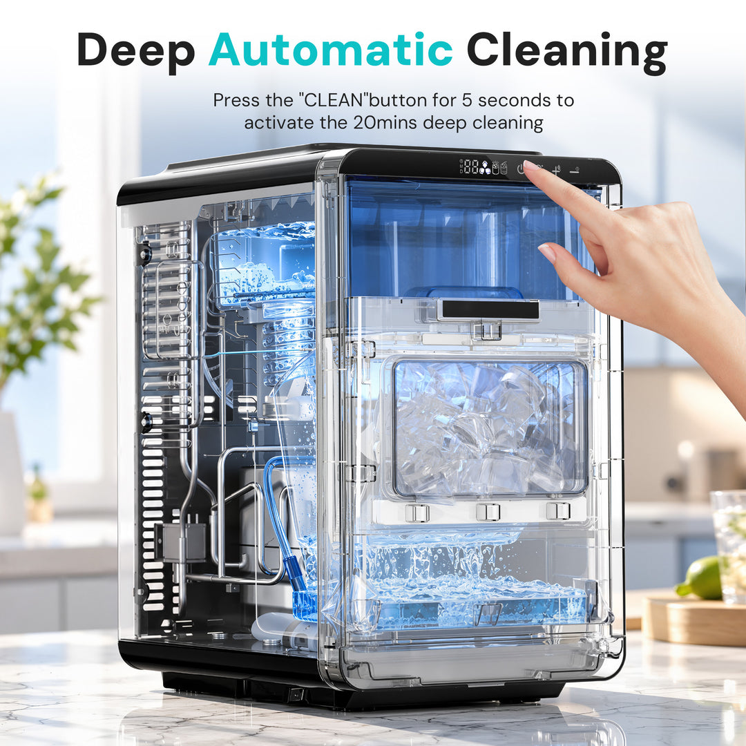 A countertop automatic water dispenser and ice maker shown in a bright kitchen setting, with a hand pressing the clean button. Text at the top reads 'Deep Automatic Cleaning' with instructions to press the 'CLEAN' button for 5 seconds to activate 20 mins deep cleaning.