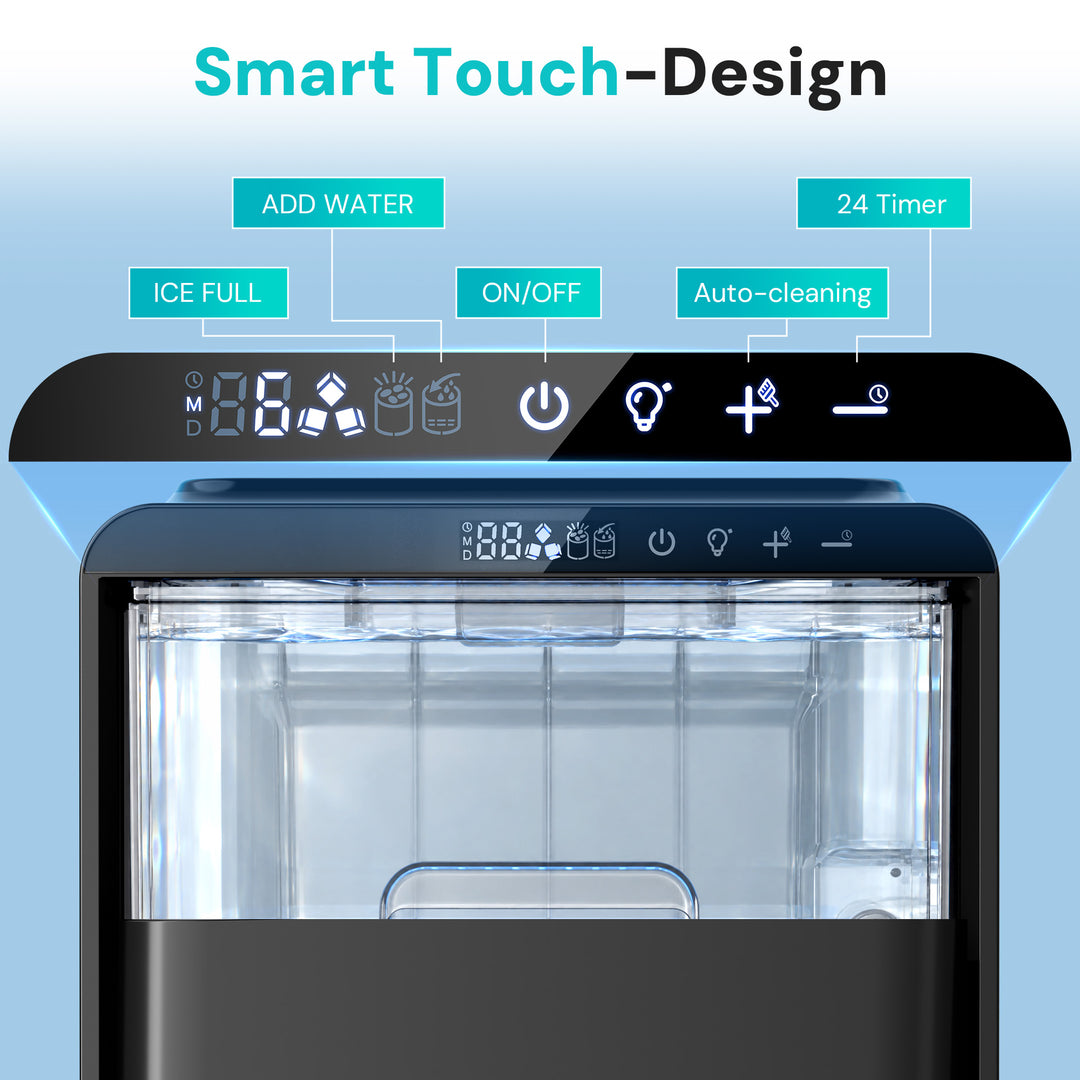 A smart touch design water filter machine with a black control panel and clear water tank, shown with callout labels for features like add water, ice full, on/off, 24 timer, and auto-cleaning.