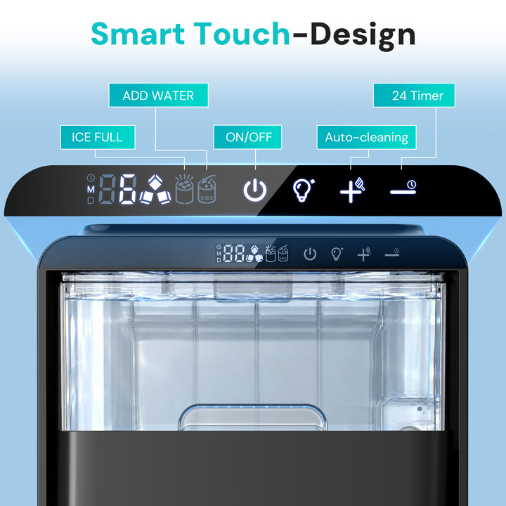A smart touch design water filter machine with a black control panel and clear water tank, shown with callout labels for features like add water, ice full, on/off, 24 timer, and auto-cleaning.