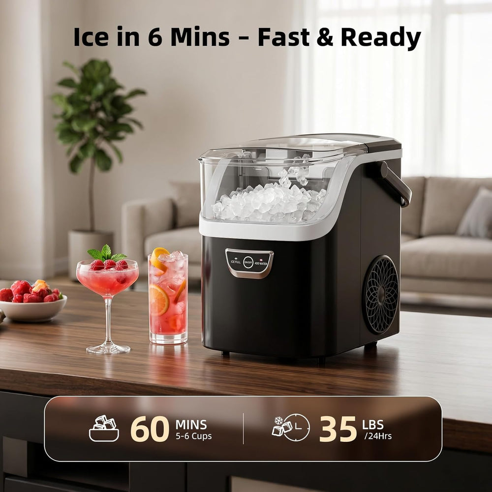 Ice maker on a table with drinks and fruits, showing ice production time and capacity.