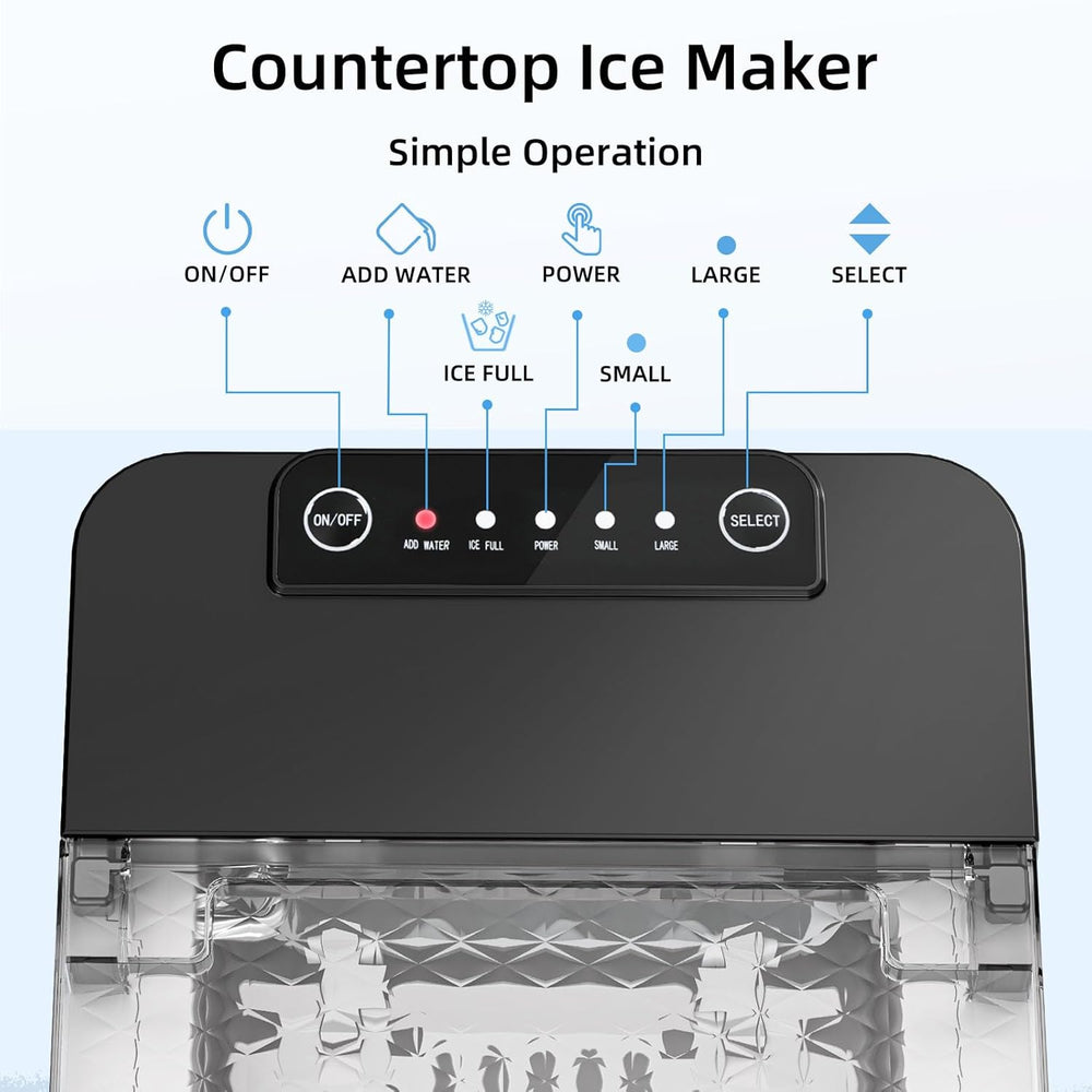 Countertop ice maker with control panel and ice production display on a light blue background