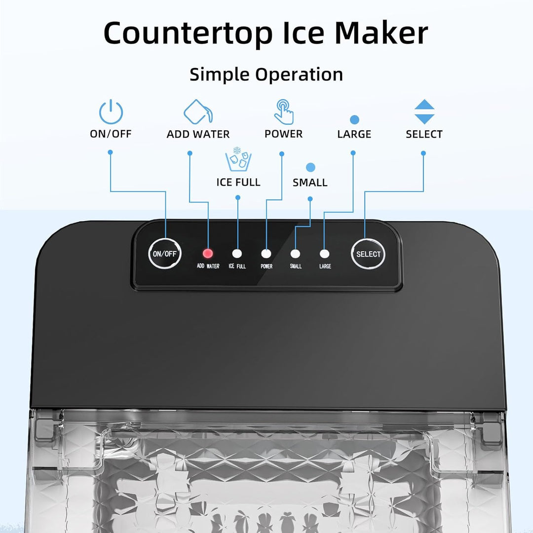 Countertop ice maker with control panel and ice production display on a light blue background