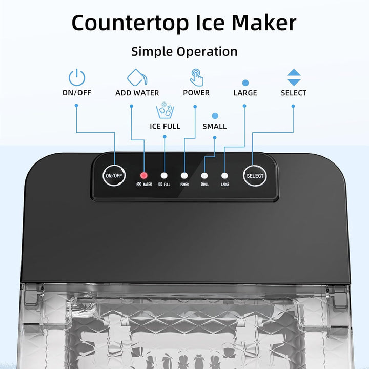 Countertop ice maker with control panel and ice production display on a light blue background