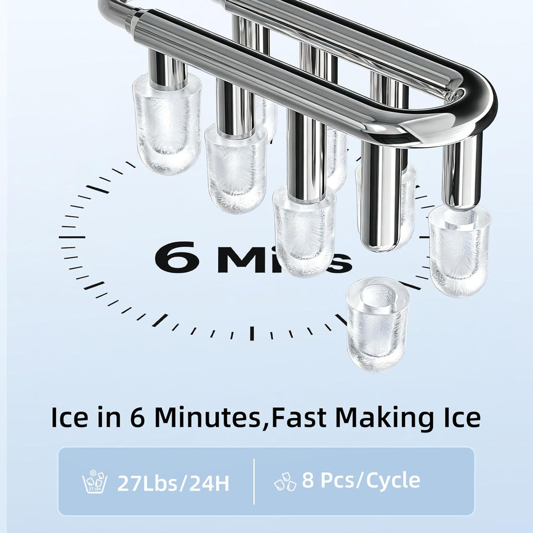 Ice maker with ice cubes and text indicating 6 minutes to make ice, 27 lbs per 24 hours capacity, and 8 cycles.