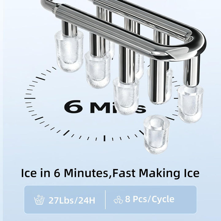 Ice maker with ice cubes and text indicating 6 minutes to make ice, 27 lbs per 24 hours capacity, and 8 cycles.