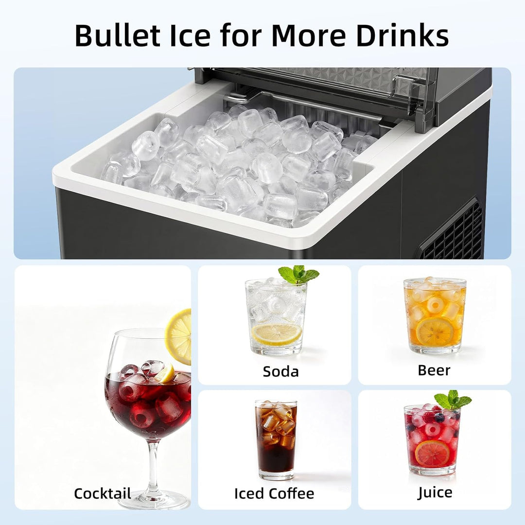 Ice maker with ice cubes and examples of drinks with ice, including cocktail, soda, beer, iced coffee, and juice.