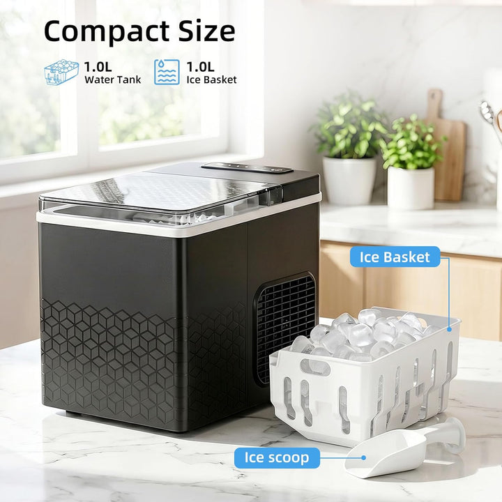 Compact ice maker with water tank and ice basket on a kitchen counter.
