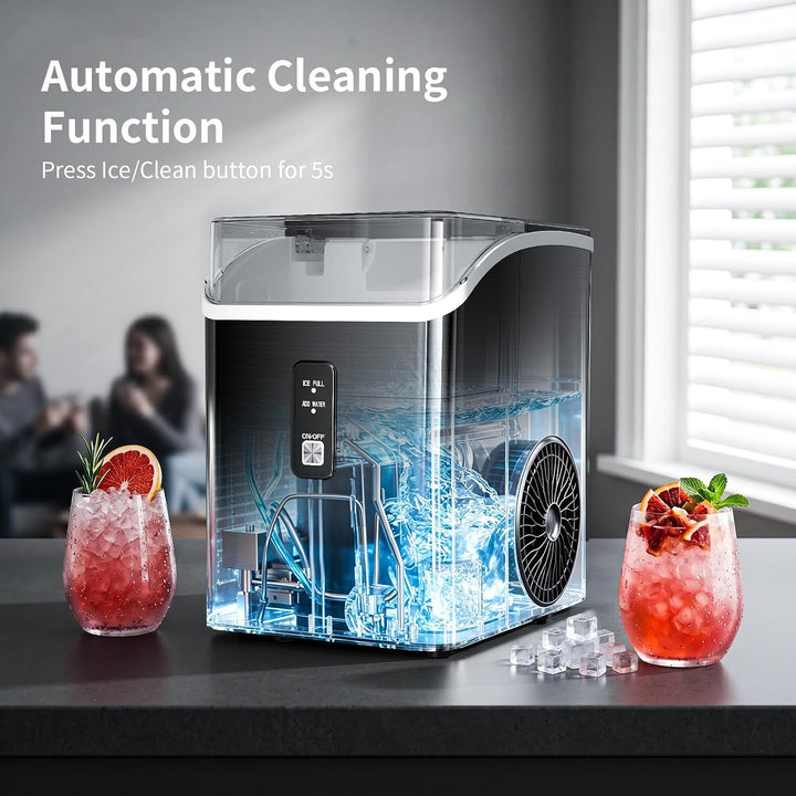Ice maker with transparent design showing internal components, surrounded by drinks and ice cubes on a table.