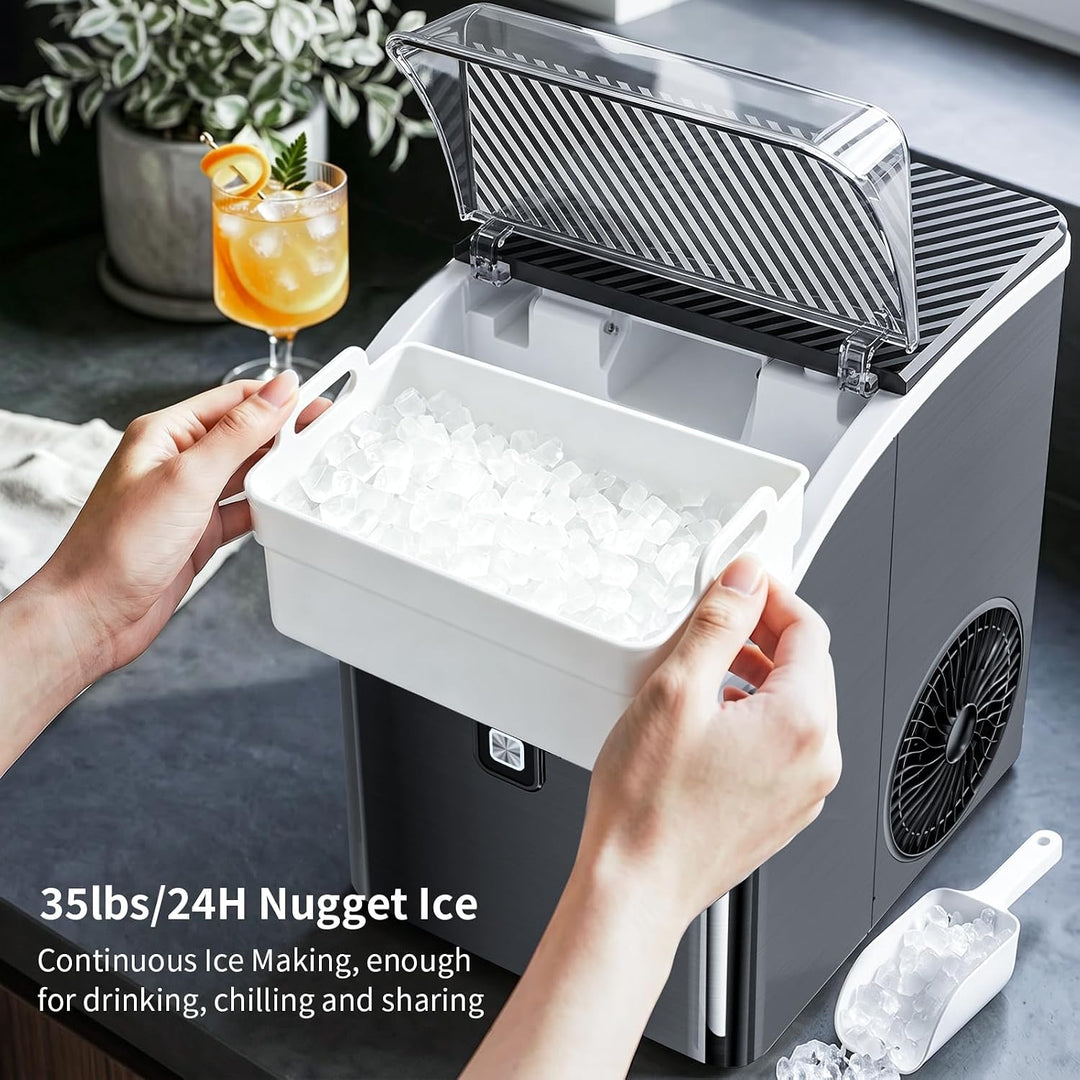 Ice maker with hands loading ice into a container, with text about ice production capacity.