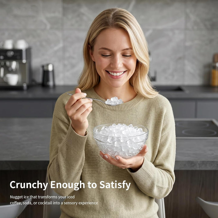 Woman holding a bowl of ice cubes in a kitchen setting with text about crunchy ice.