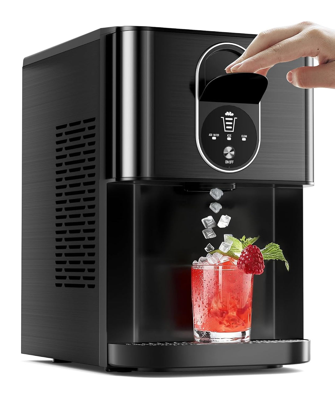 Black cocktail mixer dispensing a red drink with ice and a raspberry into a glass.