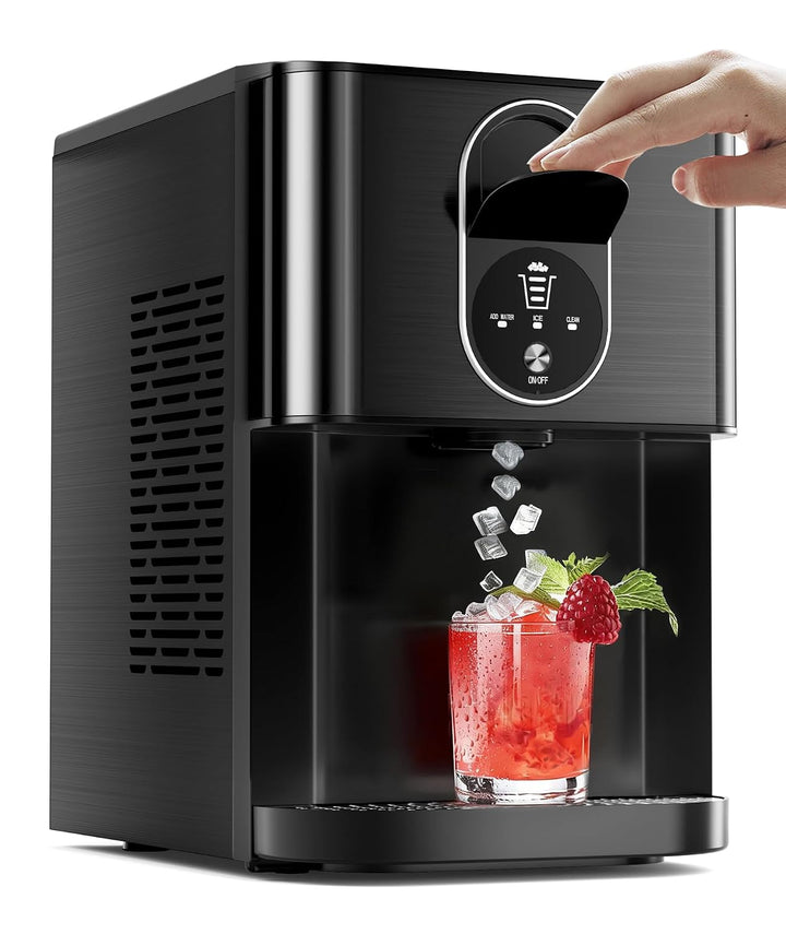 Black cocktail mixer dispensing a red drink with ice and a raspberry into a glass.