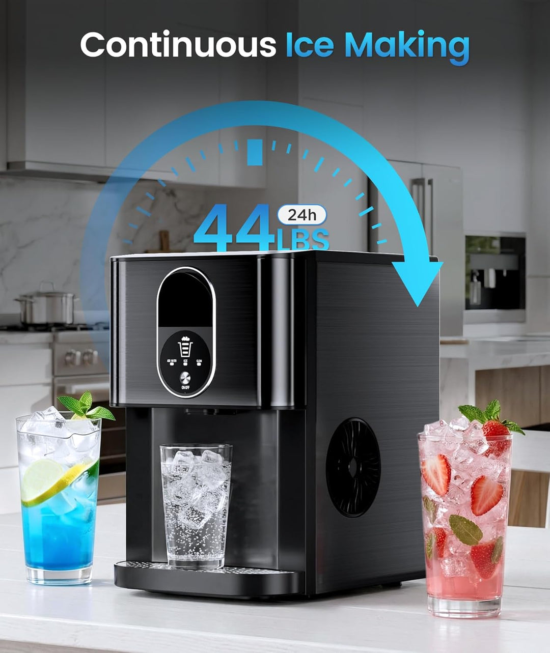 Ice maker with continuous ice making feature and glasses of iced drinks on a kitchen counter.