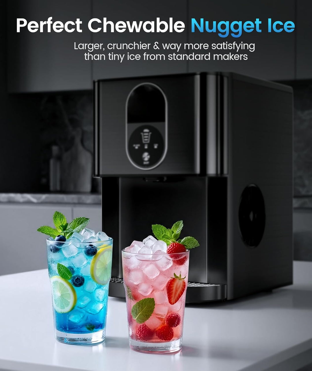 Black ice maker with two glasses of iced drinks on a countertop