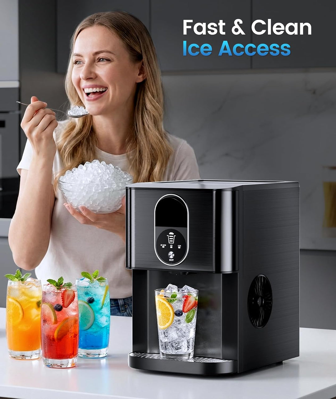 Woman holding ice cubes next to a black ice maker with drinks on a counter.