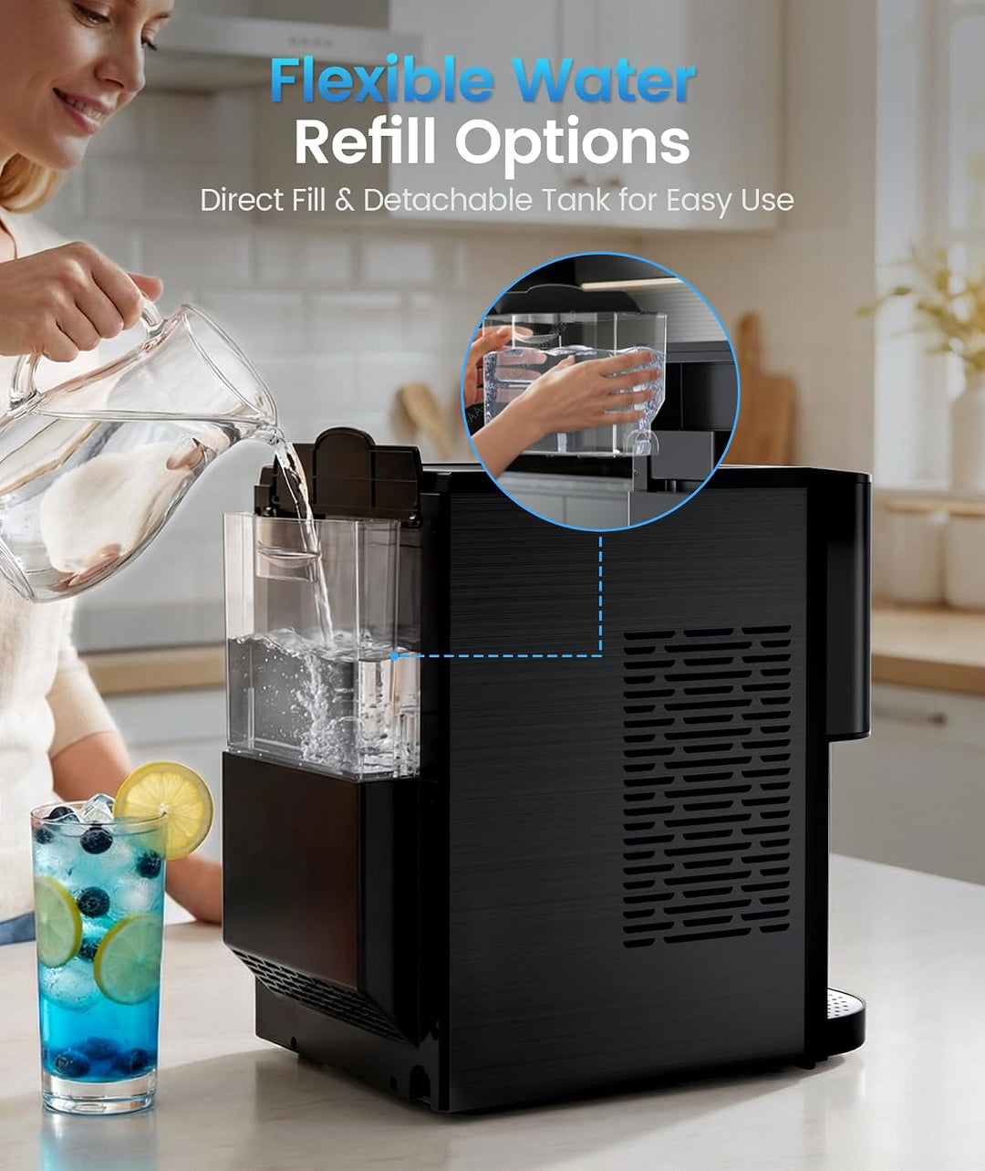 A black countertop water refill machine shown in a bright kitchen setting, with a woman pouring water into the transparent tank. Text at the top reads 'Flexible Water Refill Options' and a circular inset shows a hand refilling the tank.