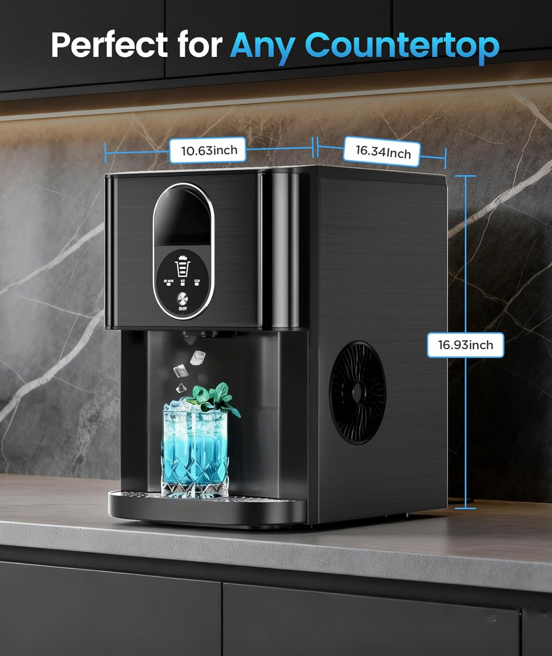 Black countertop water dispenser with measurements on a marble background