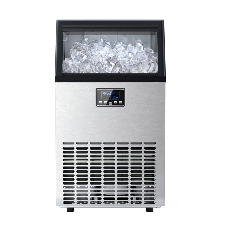 A stainless steel commercial ice machine with a digital control panel and a clear display window showing ice cubes, isolated on a white background.