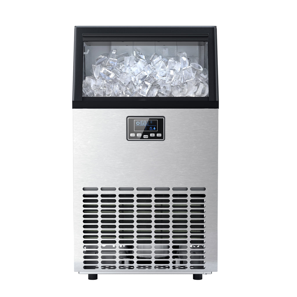 A stainless steel commercial ice machine with a digital control panel and a clear display window showing ice cubes, isolated on a white background.