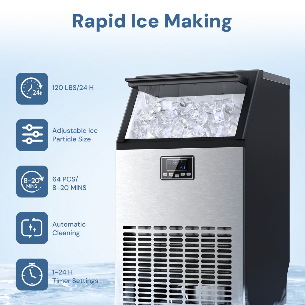 A stainless steel and black countertop ice machine shown with feature callouts on a light blue background. The machine is filled with ice and has a digital control panel.