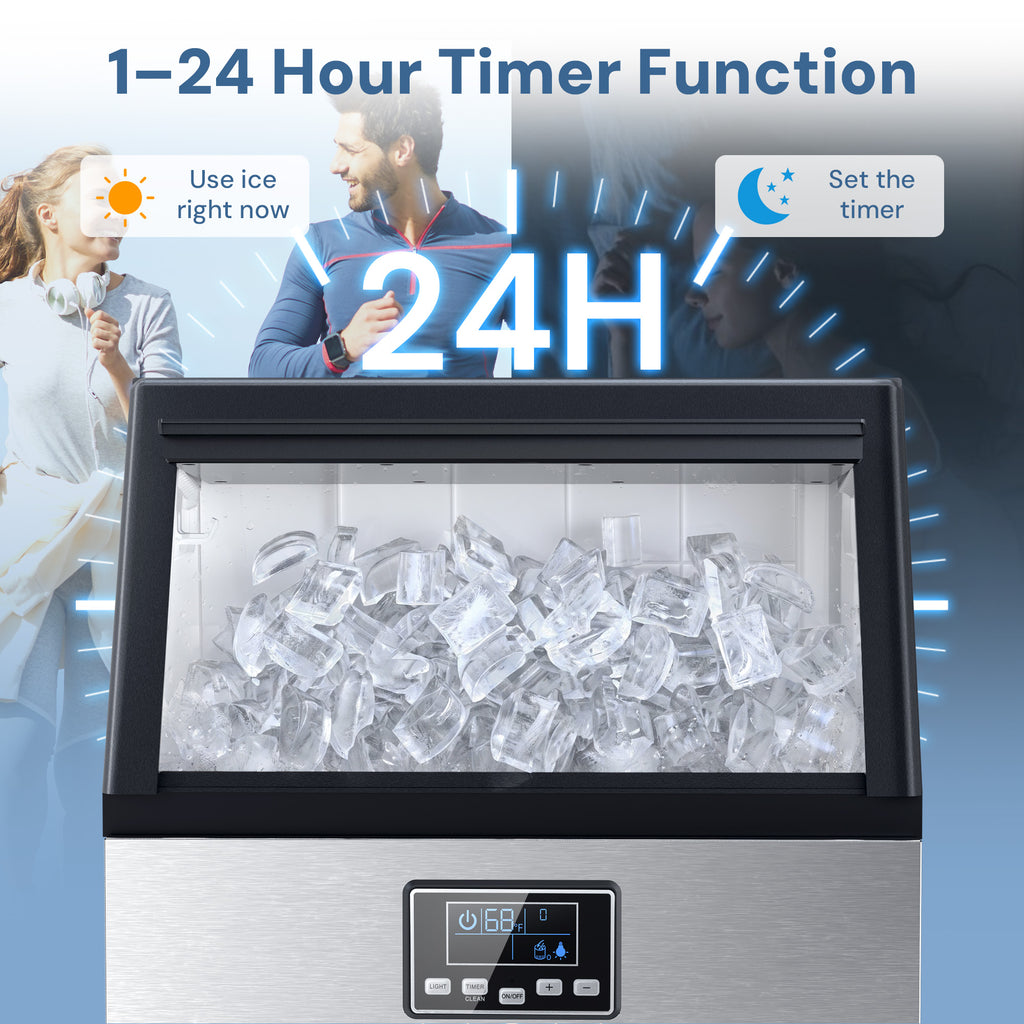 A commercial ice machine filled with clear ice cubes, shown against a blue promotional background with text reading '1-24 Hour Timer Function,' '24H,' 'Use ice right now,' and 'Set the timer.' Small lifestyle photos of people appear in the upper background, but the main subject is the machine itself.