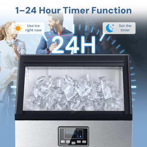 A commercial ice machine filled with clear ice cubes, shown against a blue promotional background with text reading '1-24 Hour Timer Function,' '24H,' 'Use ice right now,' and 'Set the timer.' Small lifestyle photos of people appear in the upper background, but the main subject is the machine itself.