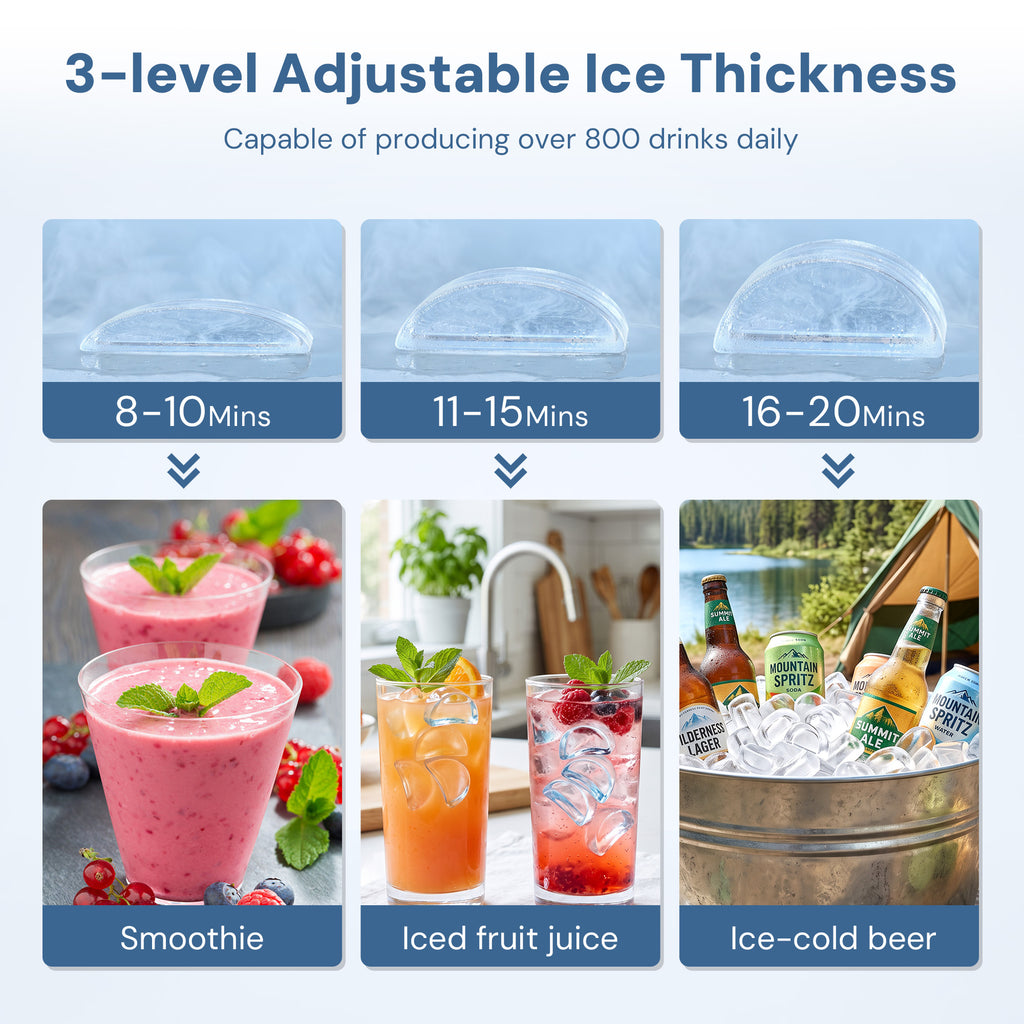 A countertop ice machine with a black and brushed stainless steel body, shown in a kitchen-like setting with overlaid dimensions and a small accessory inset. The text at the top reads 'CRESCENT ICE CUBES'.