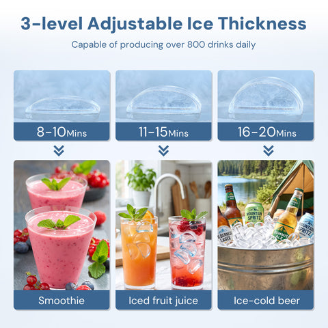 A countertop ice machine with a black and brushed stainless steel body, shown in a kitchen-like setting with overlaid dimensions and a small accessory inset. The text at the top reads 'CRESCENT ICE CUBES'.