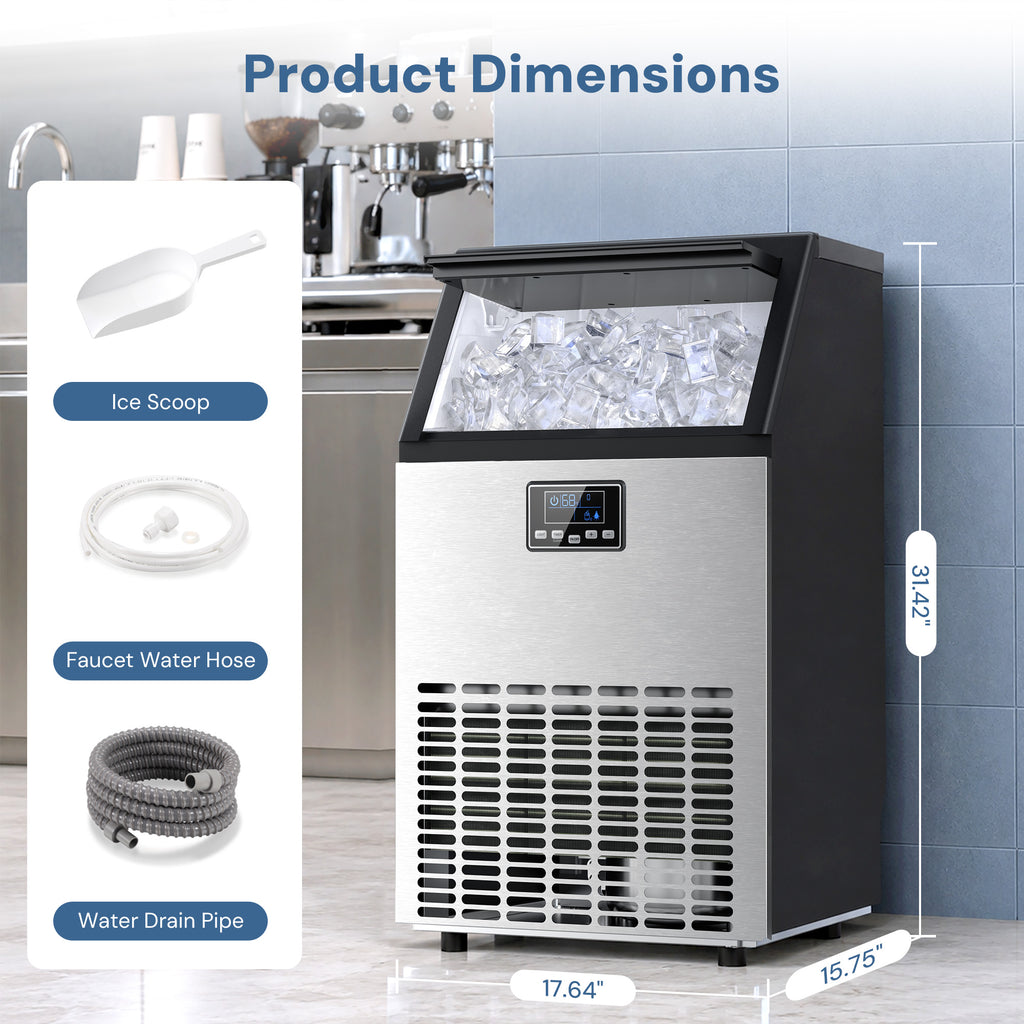 Ice maker machine shown in a kitchen-like setting with overlaid dimension labels and accessory callouts for ice scoop, faucet water hose, and water drain pipe.