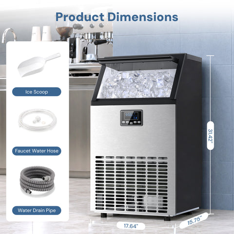 Ice maker machine shown in a kitchen-like setting with overlaid dimension labels and accessory callouts for ice scoop, faucet water hose, and water drain pipe.