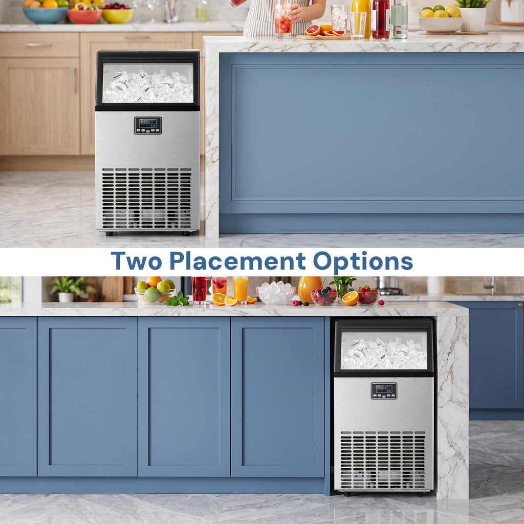 Two stainless steel countertop ice machines shown in a kitchen setting, with a white banner in the middle reading 'Two Placement Options.' The top view shows one machine placed on a marble countertop beside blue cabinets, and the bottom view shows the same machine placed in a similar kitchen setup.
