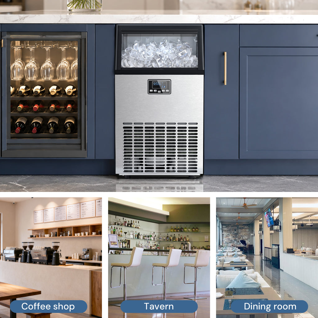 A stainless steel ice maker machine installed in a modern kitchen cabinet next to a wine cooler, with three smaller interior scene thumbnails below showing coffee shop, tavern, and dining room applications.