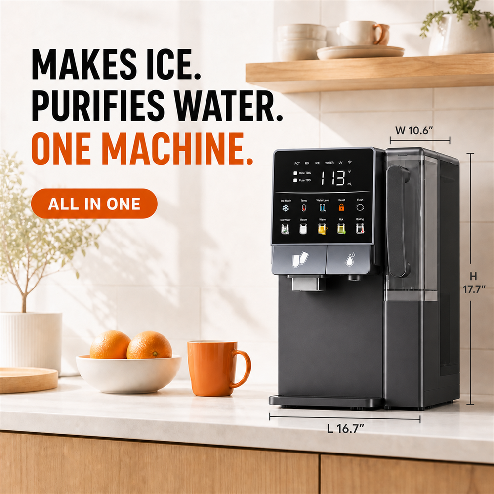 A countertop water dispenser with a digital touch panel and a tall water reservoir, shown on a kitchen counter with overlaid dimensions for width, height, and length. Large marketing text reads 'MAKES ICE.
