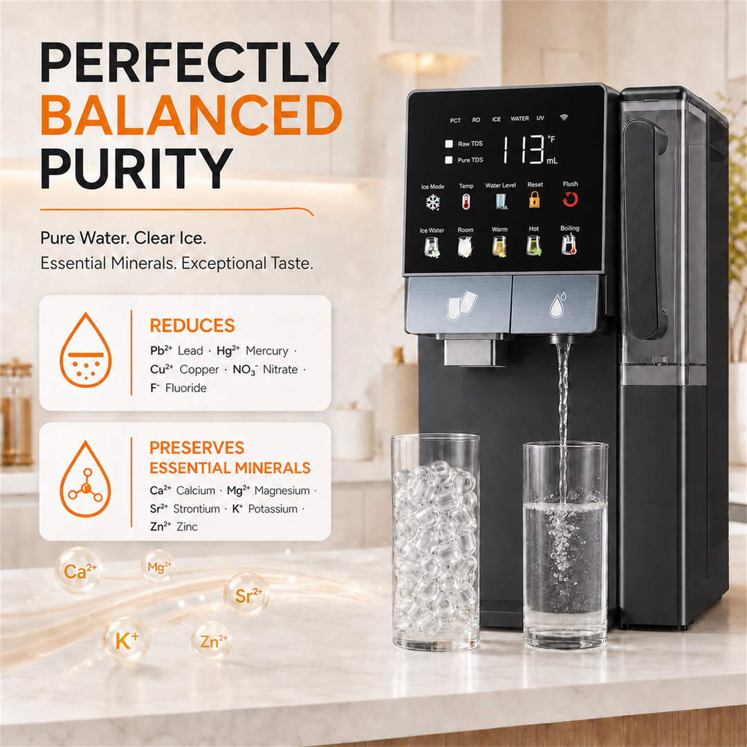 A countertop water dispenser with a digital control panel and two glass infusers, shown dispensing water into two glasses. The image includes marketing text and icons explaining purified water benefits, set against a bright, modern kitchen background.