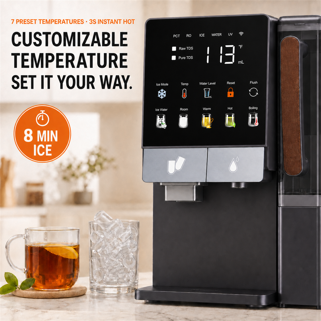 A black countertop water dispenser with a glossy touchscreen display and two silver button panels, shown in a kitchen setting beside a glass of iced tea and a glass of water. Large promotional text on the left reads '7 PRESET TEMPERATURES - 3S INSTANT HOT', 'CUSTOMIZABLE TEMPERATURE SET IT YOUR WAY.
