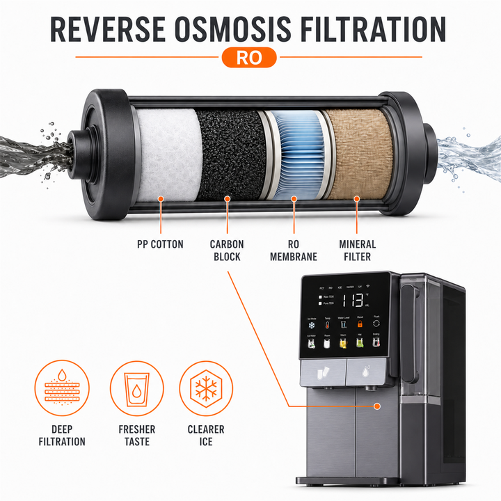 Countertop Water Dispenser with Ice Maker, All-in-1 Instant Hot & Cold Water Purifier Combo with Sr-Enriched Mineral Filtration, 8-Min Fast Bullet Ice Maker, Full-Waterway High-Temp Sterilization for Home & Office