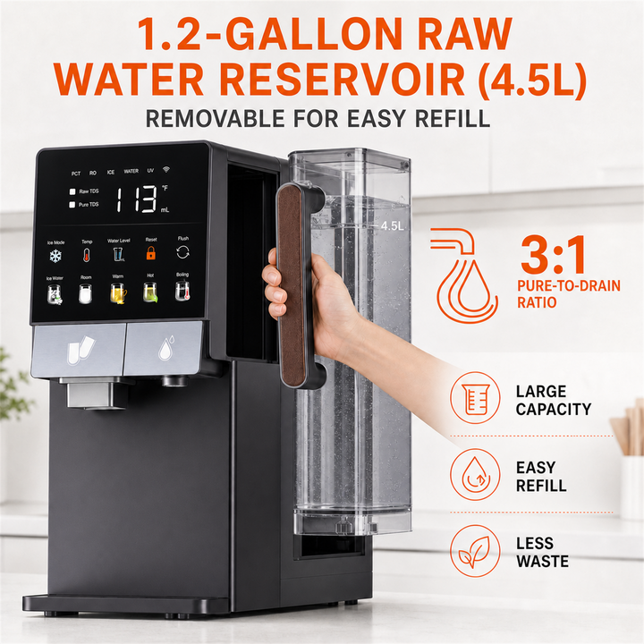 Countertop Water Dispenser with Ice Maker, All-in-1 Instant Hot & Cold Water Purifier Combo with Sr-Enriched Mineral Filtration, 8-Min Fast Bullet Ice Maker, Full-Waterway High-Temp Sterilization for Home & Office